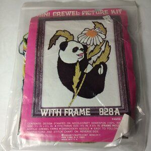 Mini Crewel Picture Kit w Frame 928A Panda Bear Daisy Flower Vogart Crafts Vtg